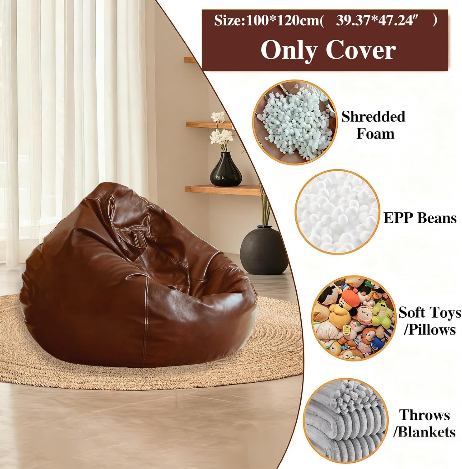 Bean Bag Chair Cover (No Filler) Luxury Faux Leather Lazy Sofa Floor Seating Pouf Lounge Envelope Beanbag Corner Seat Comfy Couch Storage Furniture for Adults & Teens(Brown Cover)