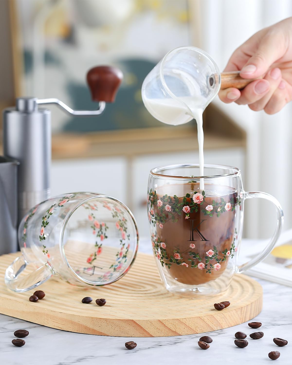 Initial Glass Cup for Women, 12oz Rose Double Walled Glass Coffee Mugs, Personalized Gifts for Women, Initial Coffee Tea Mug with Scarf, Birthday Wedding Gifts for Her Mom Teacher (ROSE-L) - Image 3