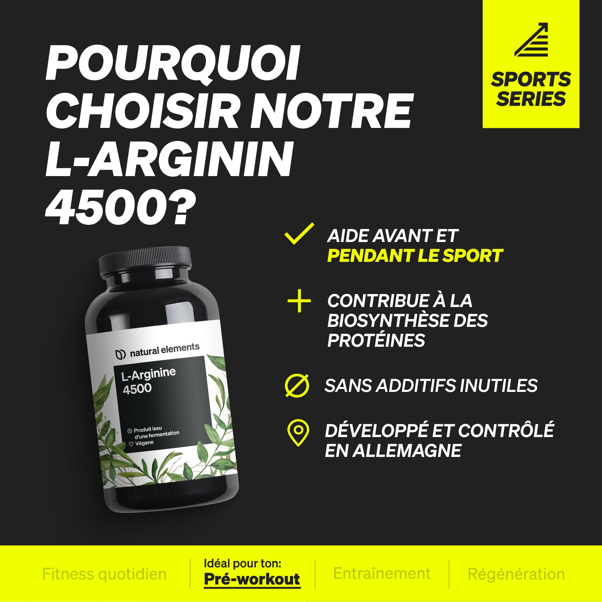 L-Arginine – 365 gélules véganes – 4 500 mg de L-arginine végétale HCL par dose journalière (3 750 mg de L-arginine pure) – hautement dosé – contrôlés en laboratoire