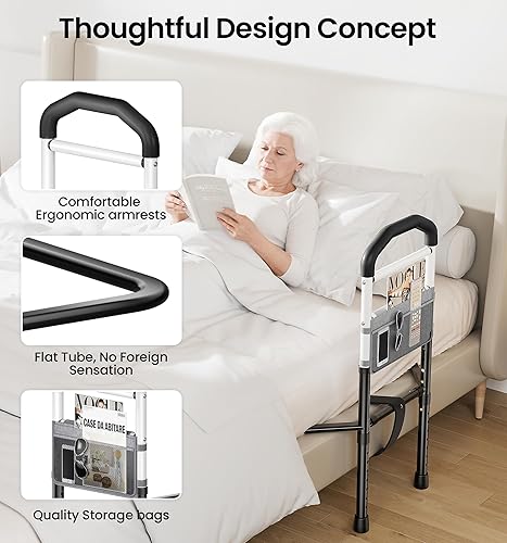 Miniatura 4 de Rieles de cama para adultos mayores, riel de asistencia de cama ajustable para personas mayores con bolsa de almacenamiento, superficie de soporte