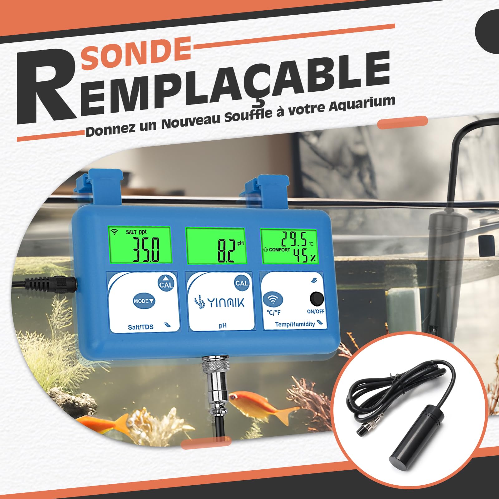 YINMIK Sonde de Rechange pour Moniteur de Sel pour Moniteur de Piscine au Sel YK-6E, Électrode de Rechange pour Moniteur de pH d'aquarium