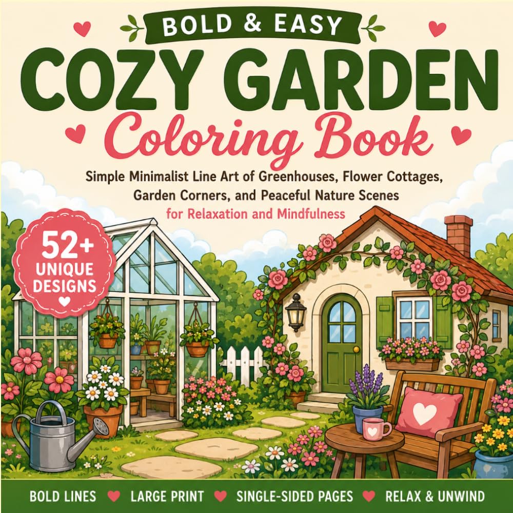 Bold & Easy Cozy Garden Coloring Book: Simple Minimalist Line Art of Greenhouses, Flower Cottages, Garden Corners, and Peaceful Nature Scenes for Relaxation and Mindfulness (For Adults & Teens)