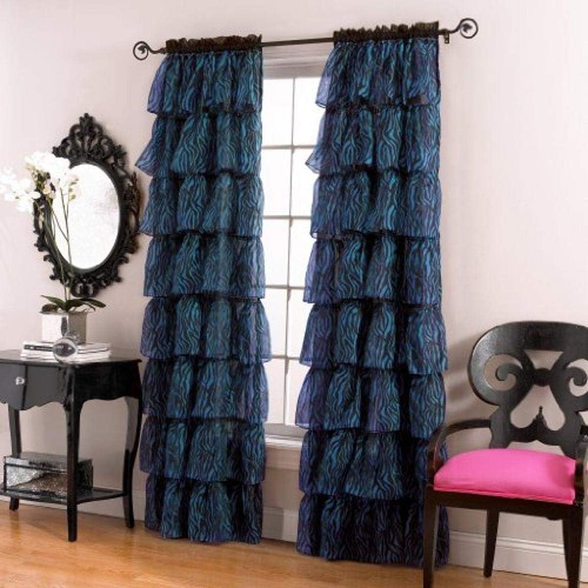 Lorraine Home Fashions Gypsy Zebra Ruffle Window Panel, 56 by 63-Inch, Blue/Black