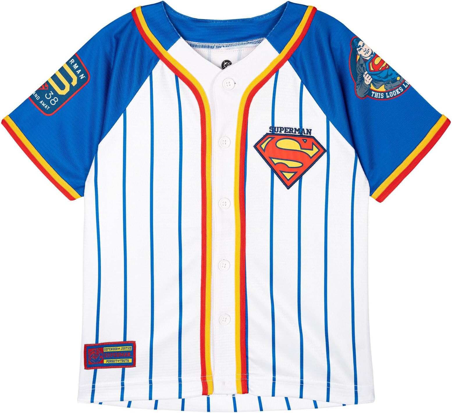Justice League Superman Mesh Baseball Jersey Athletic Button Down Shirt Toddler to Big Kid Sizes (4T - 14-16)