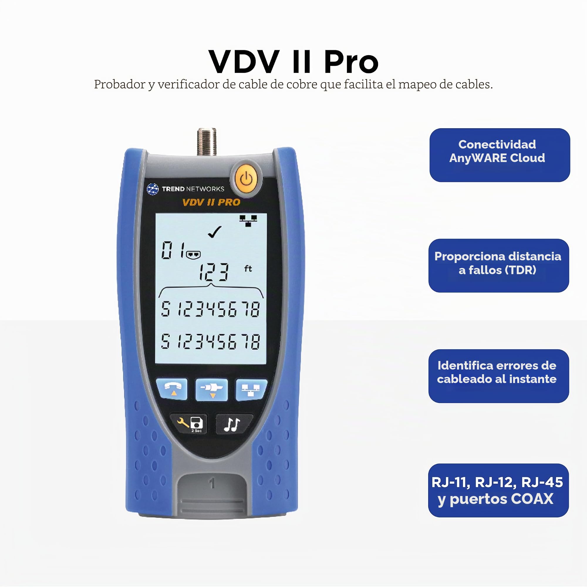 TREND Networks | R158005 | VDV II Pro | Conectado a la nube | Verificador de cables de voz, datos y video | Probador de cobre | Herramienta avanzada de mapeo y solución