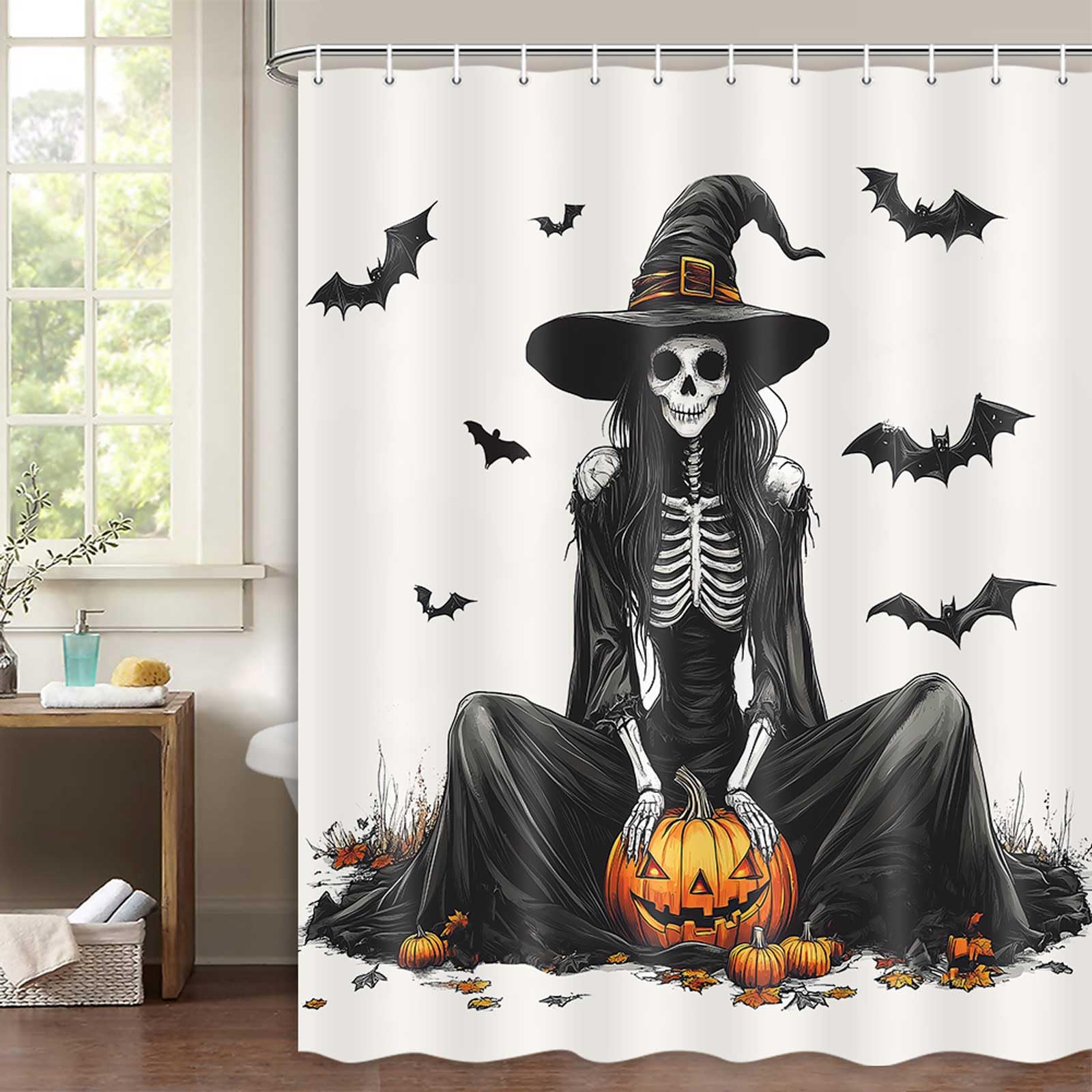 MERCHR Halloween Shower Curtain Scary Witch Spooky Pumpkin Bathroom Curtain Set Fall Autumn Gothic Bath Curtain Home Decor Waterproof Polyester Fabric 71 x 71 Inch
