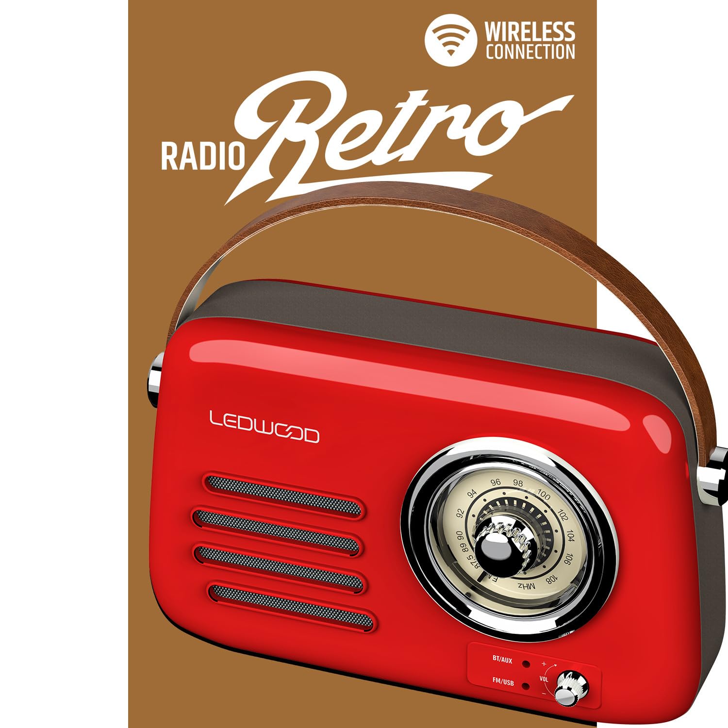 Radio Rétro Portable Ledwood Alma, FM, Bluetooth 5.3 Entrée USB, Puissance 30W - Batterie 3,7V-1500mAh - Retro Vintage - Rouge