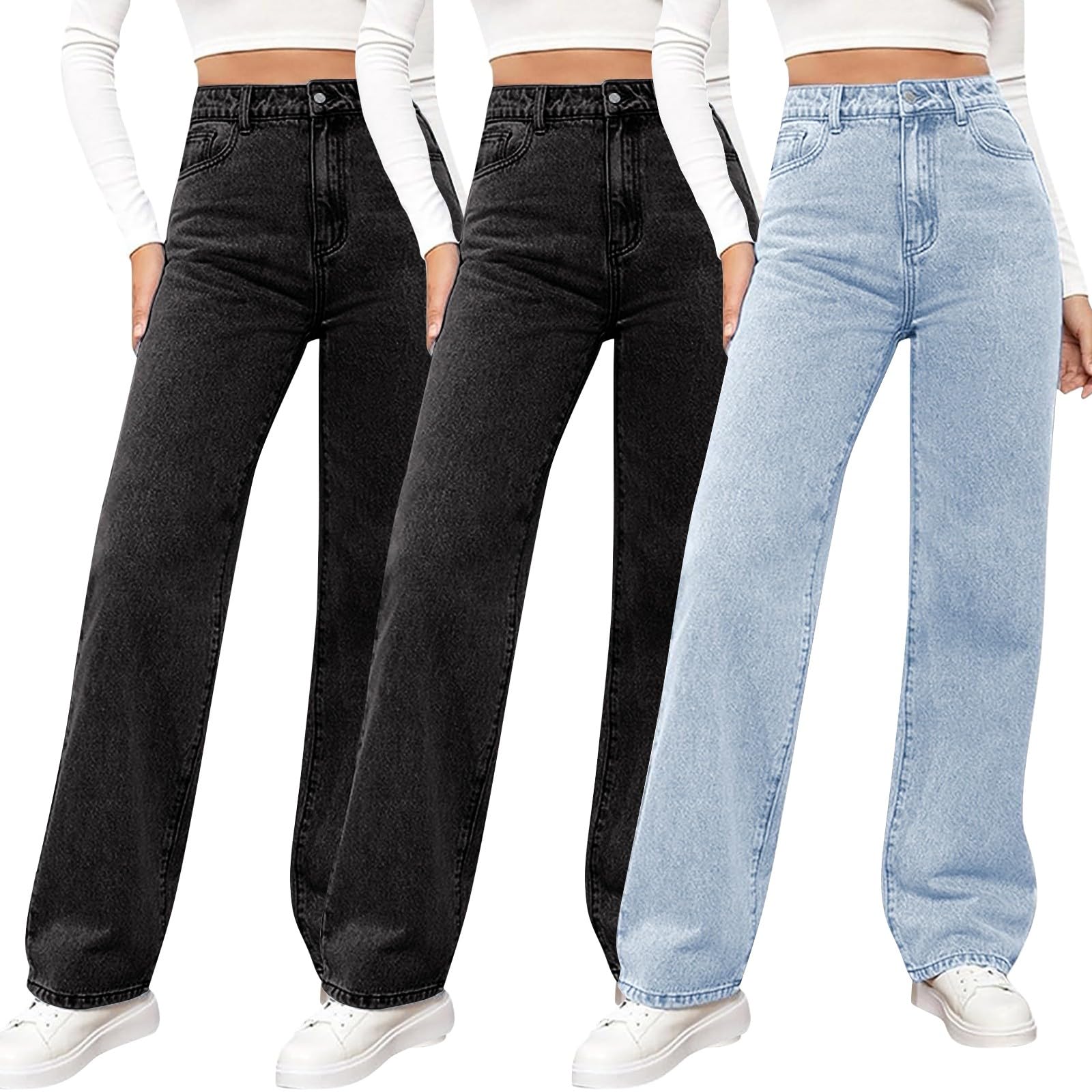 3 jeans de pierna ancha para mujer, cintura alta, elásticos, ajustados, pierna recta, holgados, pantalones de mezclilla para mujer, estilo palazzo, para salir, ropa de calle Y2K