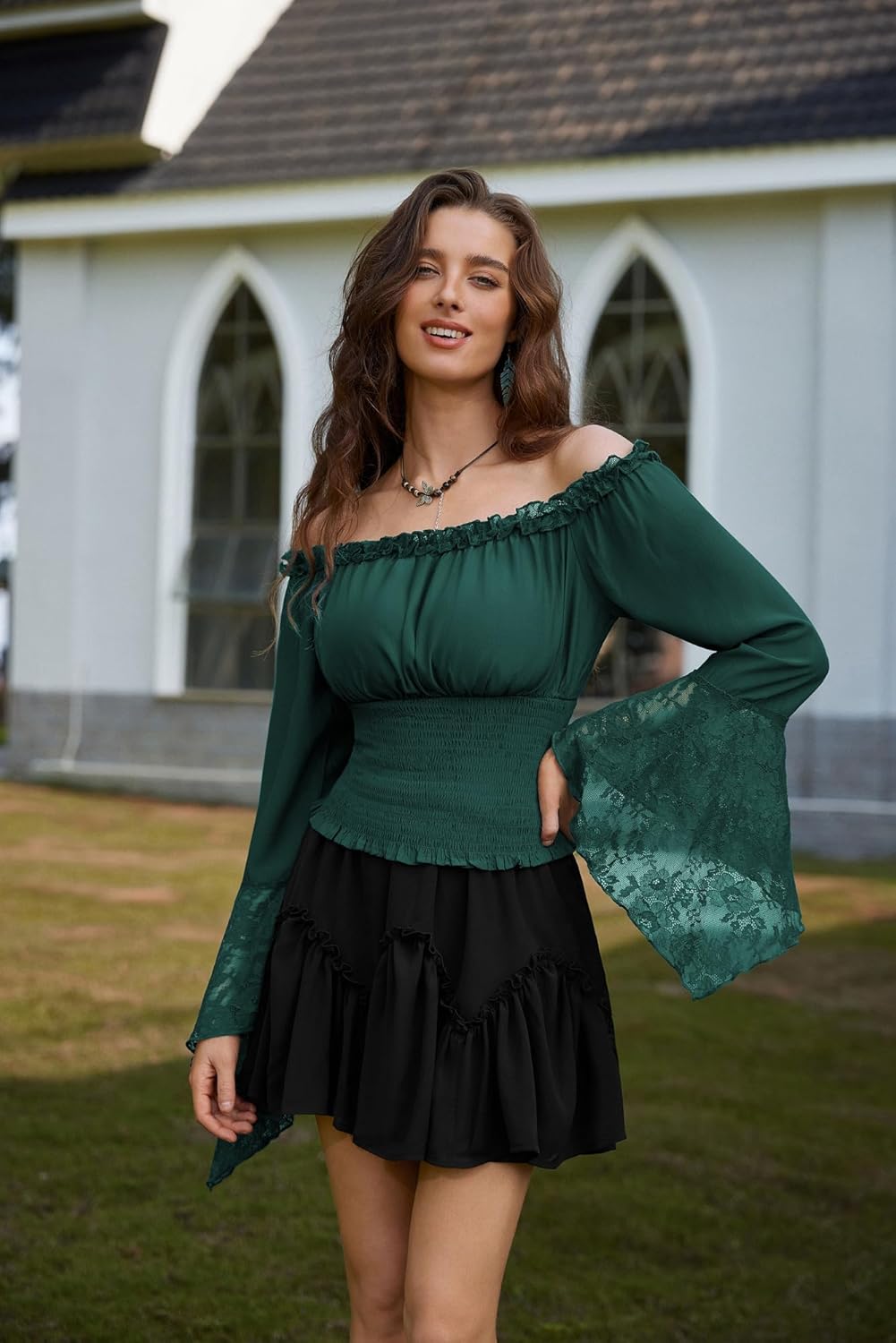 Scarlet Darkness Renaissance Shirt Women Bell Sleeve Off The Shoulder Pirate Blouse Peasant Dressy Top - Image 4