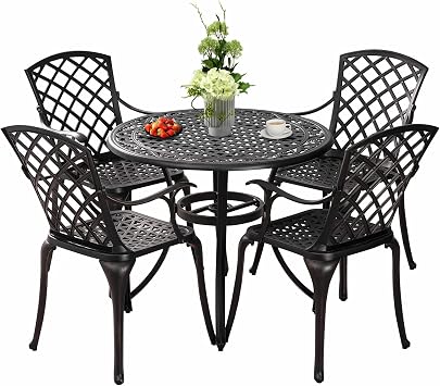 5 Pieces Outdoor Patio Dining Set, 36" Metal Outdoor Dining Set with 1.97" Umbrella Hole, Anti Rust Patio Furniture Set with 4 Chairs and Round Table for Garden, Porch and Poolside, Bronze