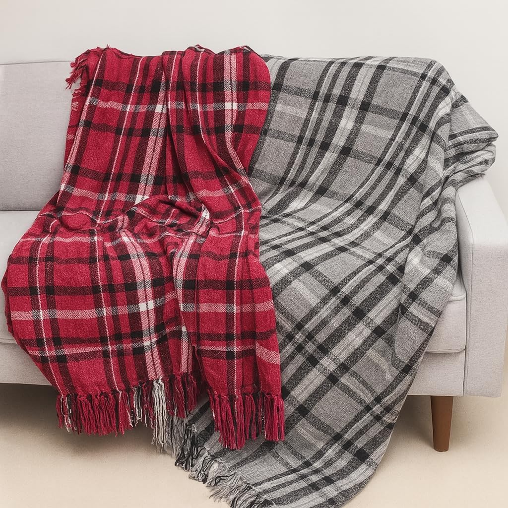 Fennco Styles Chenille Woven Plaid Tassel Throw Blanket 50" W x 60" L - Grey Soft Blanket for Bed, Couch, Sofa, Home, Office and Holidays Décor