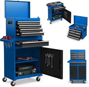 GiantexUK Tool Cabinet, 2 in 1 Lockable Metal Tool Chest with Removable Top Cabinet, Wheels, 5/6 Drawers, Pegboard & Hooks, Heavy-duty Rolling Tool Box Trolley with Adjustable Shelf, Black + Blue | 2 in 1 Lockable Heavy-duty Rolling Tool Chest Box Trolley with Removable Top Cabinet, Wheels, 5/6 Drawers, Pegboard & Hooks