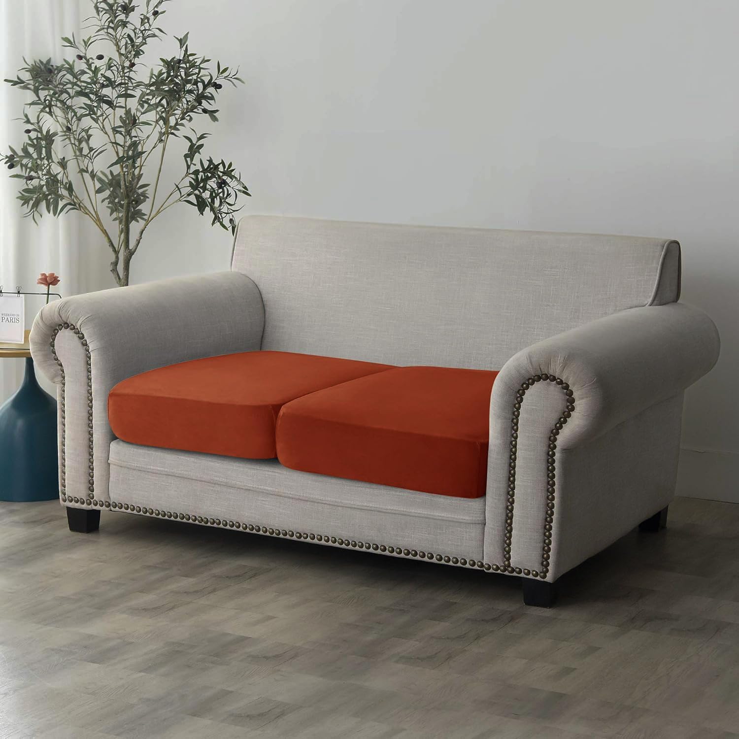 Velvet Stretch Cushion Covers - Furniture Protector Slipcover for Seat, Sofa, and Couch (2, Burnt Orange)