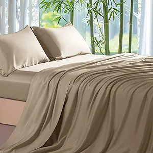 Shilucheng 100% Viscose Derived from Bamboo_ Sheets Queen Size 4pcs - Ultra Cooling & Silky Soft Bed Sheets, 16" Deep Pocket, Perfect for Hot Sleepers, Hotel Bedding Sheets (Simply Taupe)