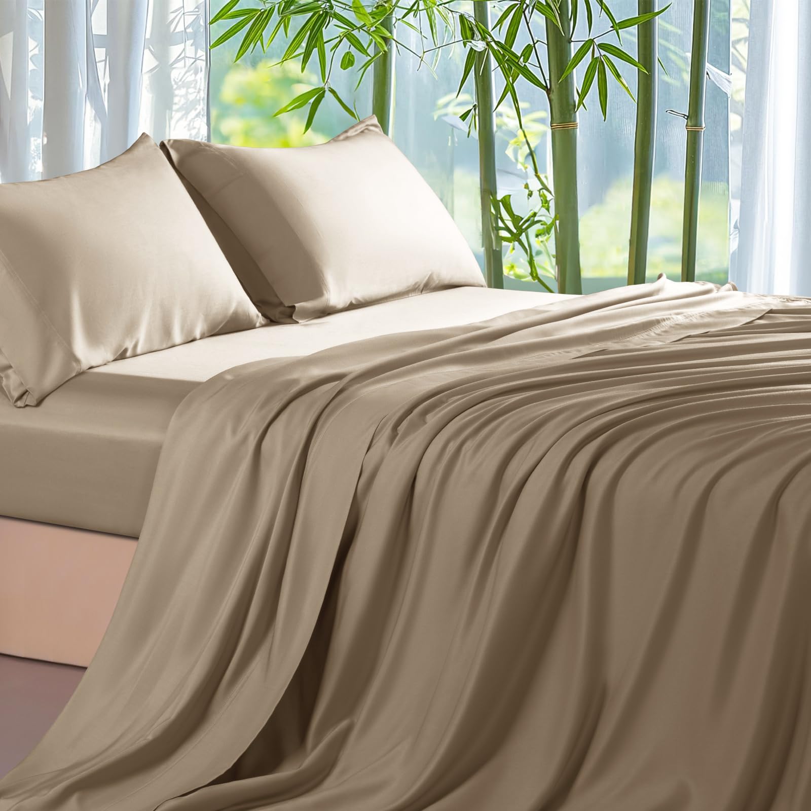 Shilucheng100% Viscose Derived from Bamboo_ Sheets Queen Size 4pcs - Ultra Cooling & Silky Soft Bed Sheets, 16" Deep Pocket, Perfect for Hot Sleepers, Hotel Bedding Sheets (Simply Taupe)