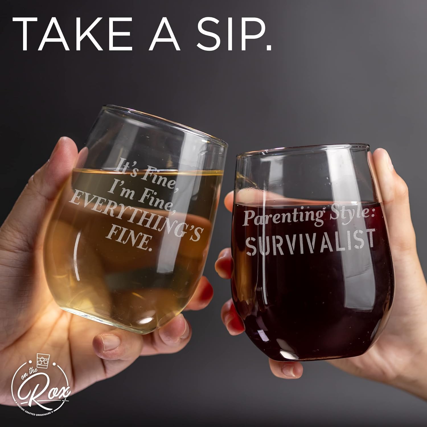 On The Rox Drinks Wine Gifts for Moms - 17oz Everything's Fine and Survivalist Stemless Wine Glass Set of 2 - Funny Mom Gifts for Mother's Day, Christmas, Birthday - Daughter's Best Mom Ever Gift