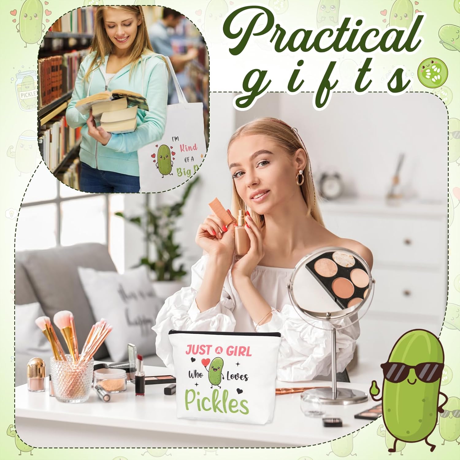 6 Pcs Pickle Gifts for Pickles Lovers Shopping Tote Bag Keychain Cosmetic Bag Sock Spiral Notebook Ballpoint Pen Just a Girl Who Loves Pickles Birthday Christmas Gift Pickle Gift Set for Women - Image 7