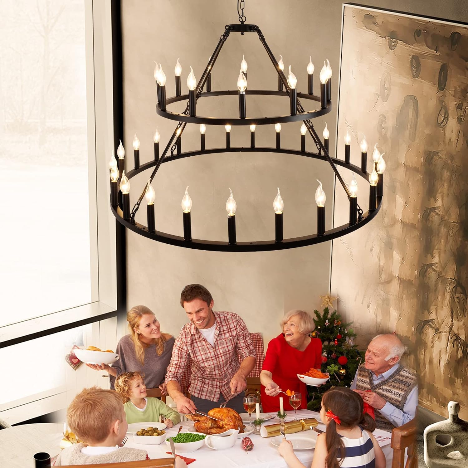 Wagon Wheel Chandelier 2 Tier 36-Light 48-inch, Black Farmhouse Industrial Chandelier Rustic Candle Pendant Light Extra Large for High Ceilings, Living Room Foyer