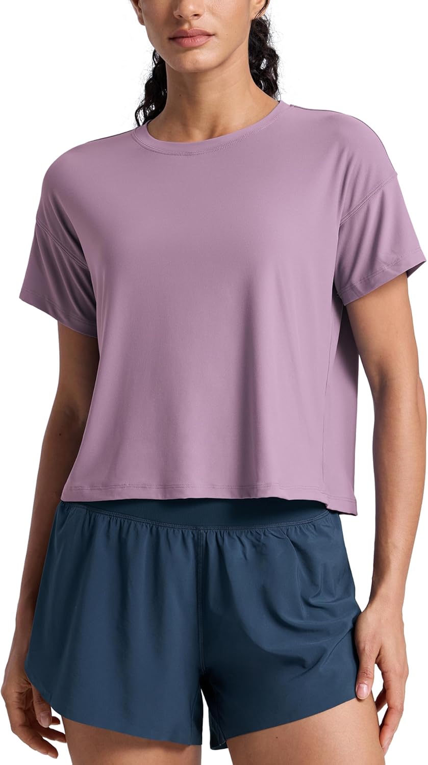 CRZ YOGA Cloudweight High Neck Workout Tops for Women Basic Athletic Lightweight Short Sleeve Shirts Loose Running T-Shirt