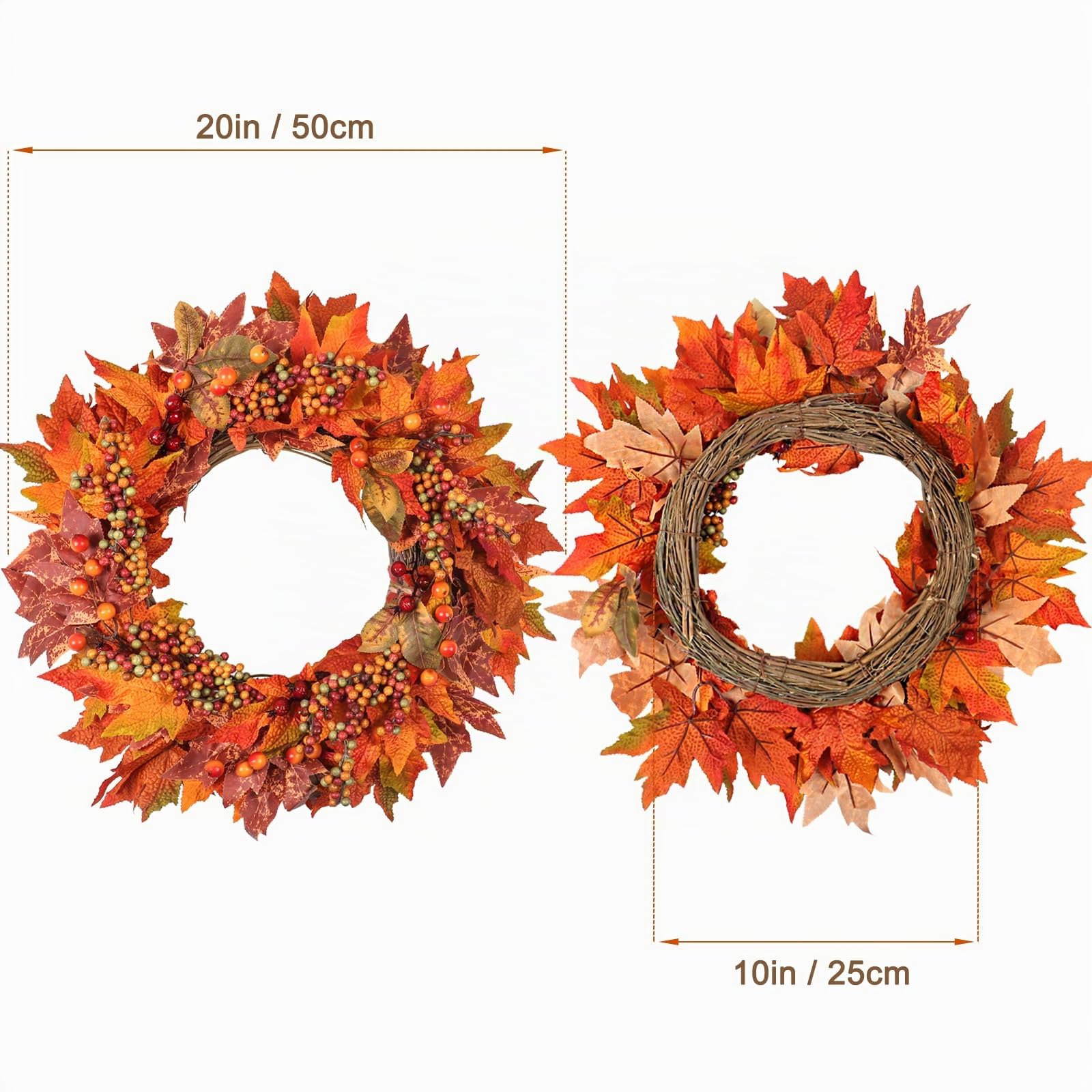 Weldomcor 50cm Groß TüRkranz Herbst, Herbstkranz Haustür mit Beeren Ahornblätter Herbstdeko für Innen Haustür Mantel Outdoor Türen Wand Bauernhof Garten Hochzeiten Parties Festival Dekor(Orange)