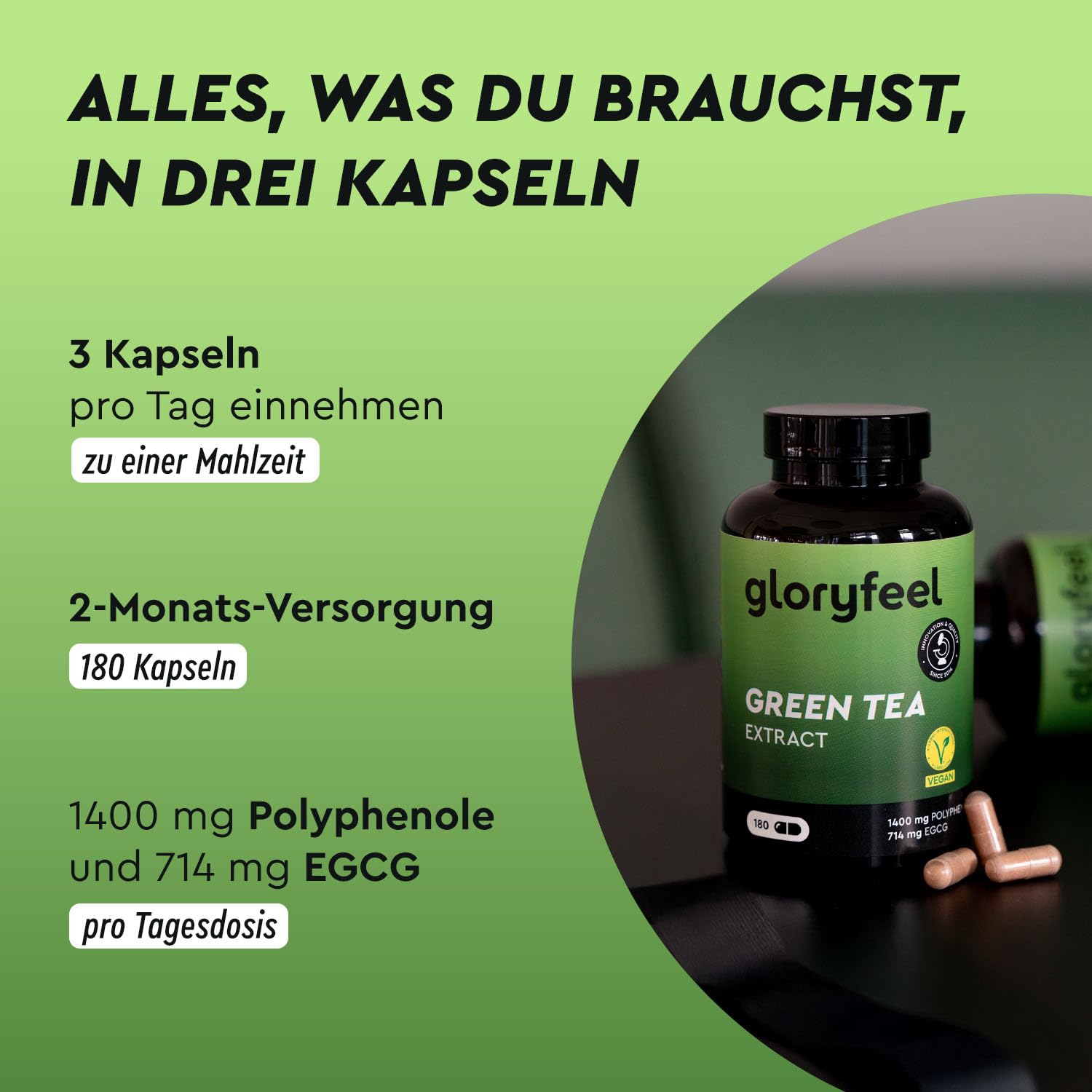 Grüntee Kapseln – 1429 mg Grüntee Extrakt mit 1400 mg Polyphenolen pro Tag – 714 mg EGCG – mit Schwarzem Pfefferextrakt – 180 vegane Kapseln für Sport & Wohlbefinden (3 Stück am Tag) – laborgeprüft