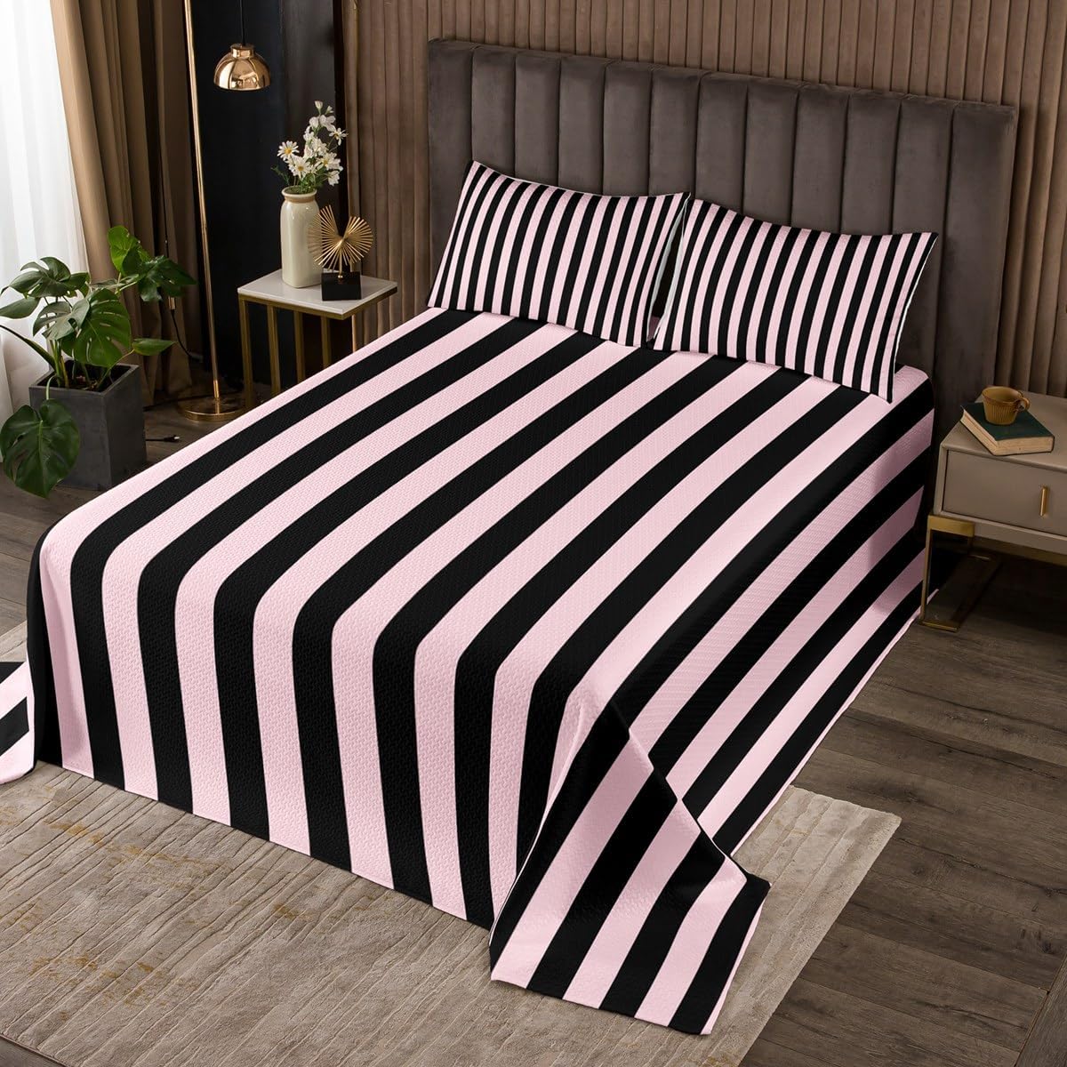 jejeloiu Light Pink Coverlet Set Stripes Geometric Bedspread for Kids Boys Girls Teens Room Decor Modern Quilted Coverlet Queen Size Luxury 3Pcs Soft Lightweight Microfiber
