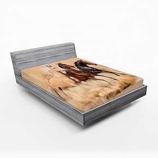 Lunarable Horses Fitted Sheet, 3 Horse Running in Desert Storm Mythical Mystic Messenger Animals Habitat Print, Soft Decorative Fabric Bedding All-Round Elastic Pocket, Full Size, Cream Brown