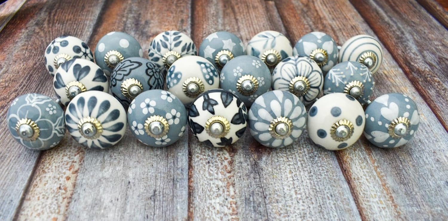 Grey & White Ceramic Knobs Kitchen Cabinet Drawer Knobs Hardware Handmade Knobs Cabinet Knobs Ceramic Door Knobs (20, Grey)