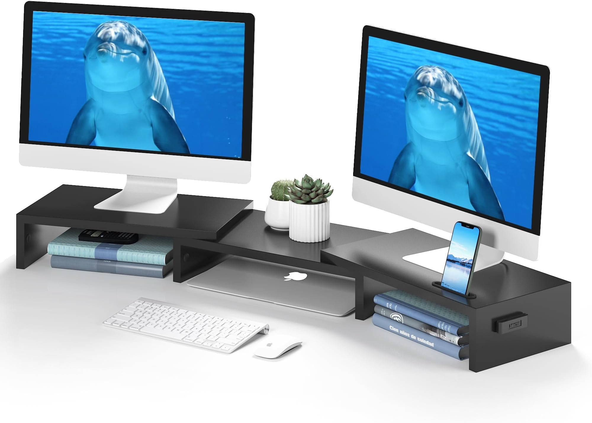 BONTEC Monitor Stand with 3 Levels, Adjustable Length PC Monitor Stand, Desk Stand for Dual Monitor, Laptop Stand with Storage, Black