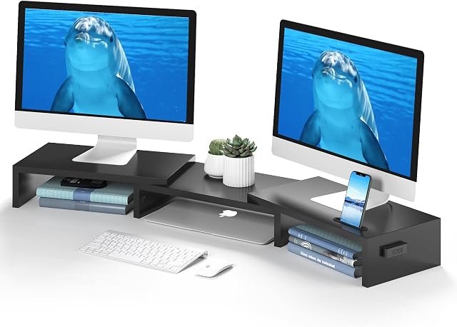 BONTEC Support double moniteur pour bureau, réglable longueur et angle Support de moniteur Riser avec porte-smartphone, étagère de bureau pour haut de bureau, support de moniteur d'ordinateur avec stockage, organisateur de bureau bureau, noir