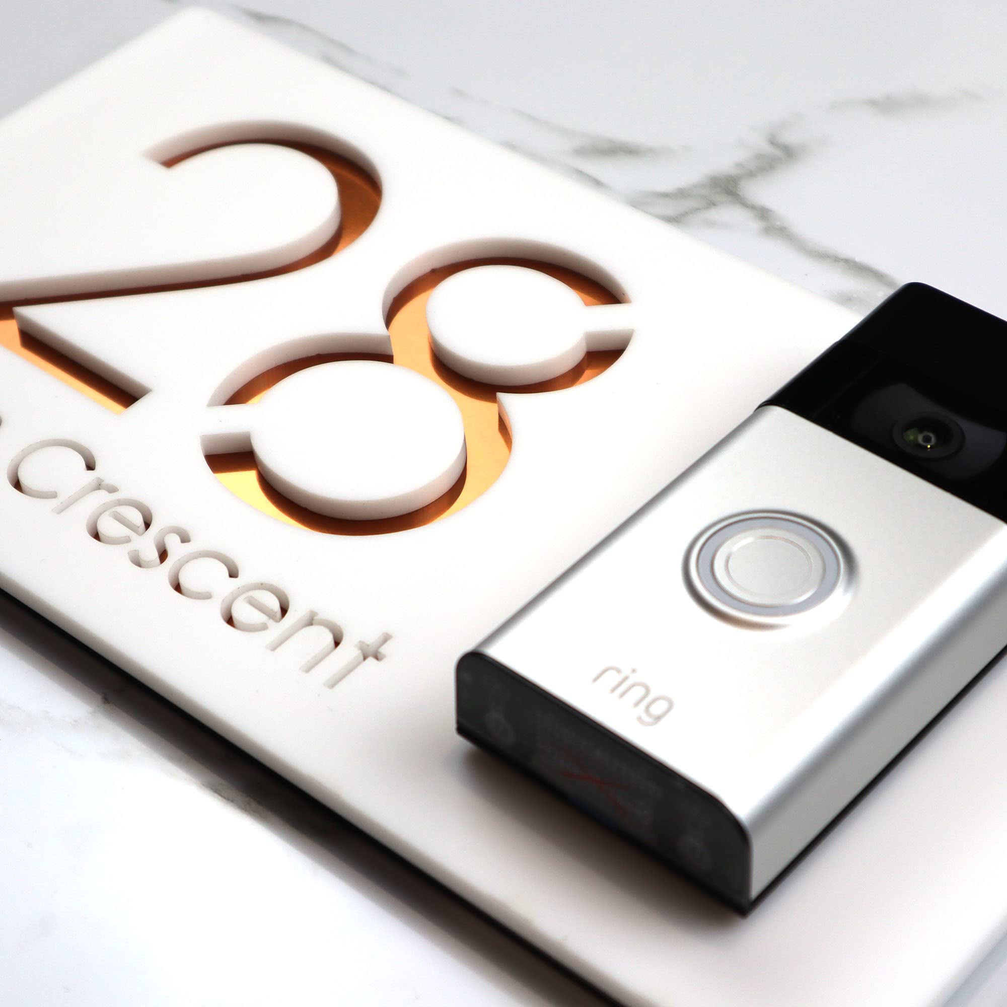 K Smart Sign | Left Text F31 | Bellissima Video Doorbell house sign door number plaques for Nest Ring Wifi doorbell plate mount | Matt White | 300mm x 160mm (Matt White & Copper Mirror)