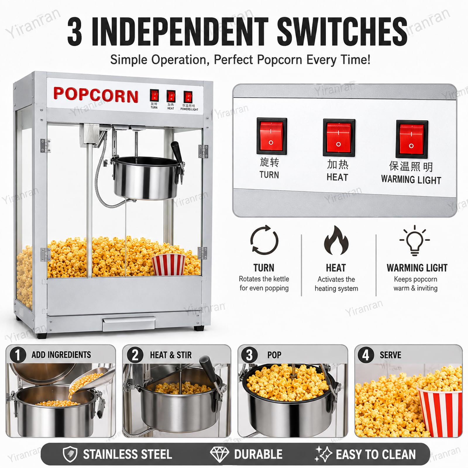 Máquina De Palomitas De Maíz De 8 Oz Para Noches De Cine, Con Agitación Automática, Olla Antiadherente, Calentador Inferior Y Control De 3 Interruptores, Ideal Para Películas, Fiestas