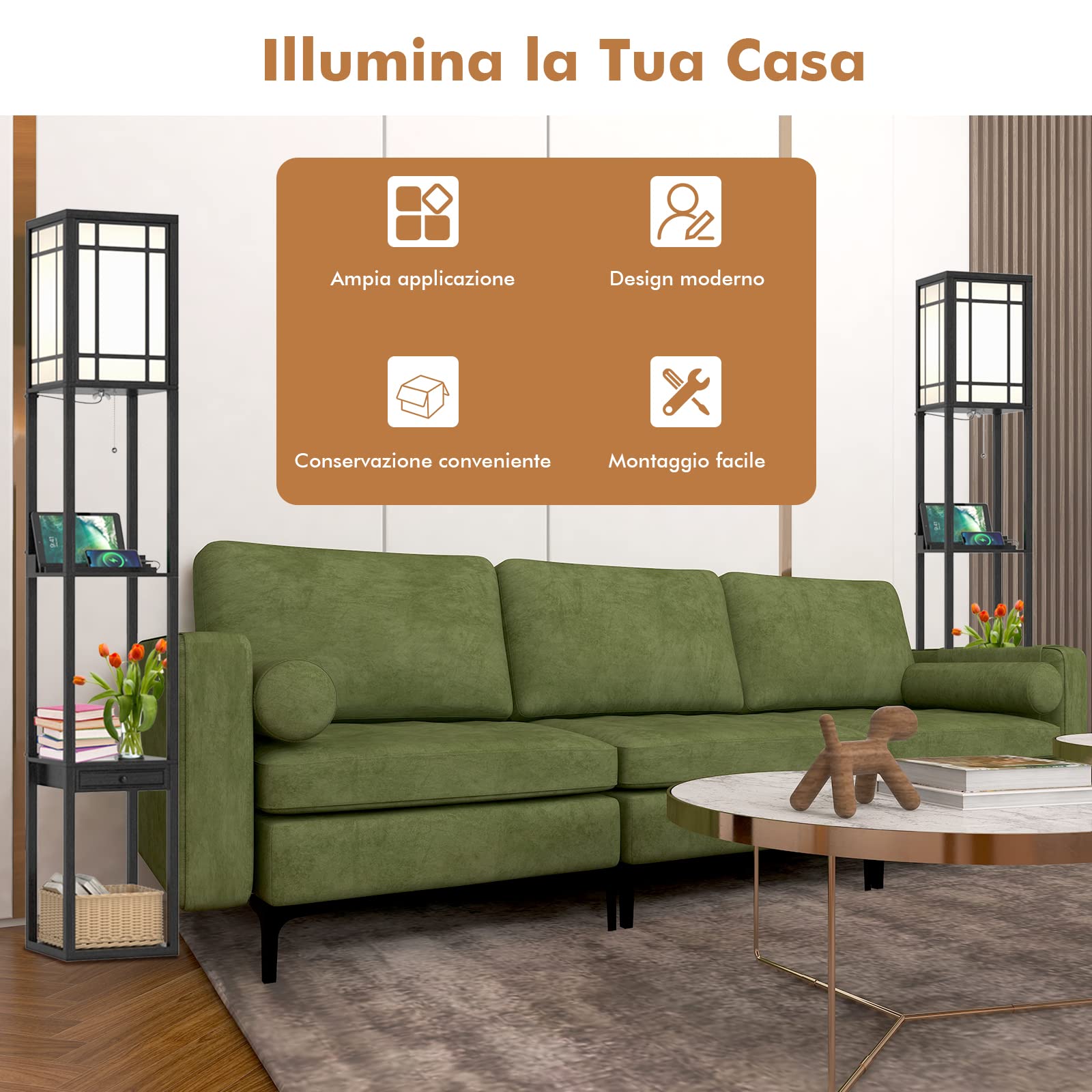 GYMAX Lampada da Terra a Mensola, con 3 Ripiani, Porte di Ricarica USB e 1 Cassetto, per Soggiorno, Camera da Letto, Design Vintage e Moderno, Nero (Stile 1)