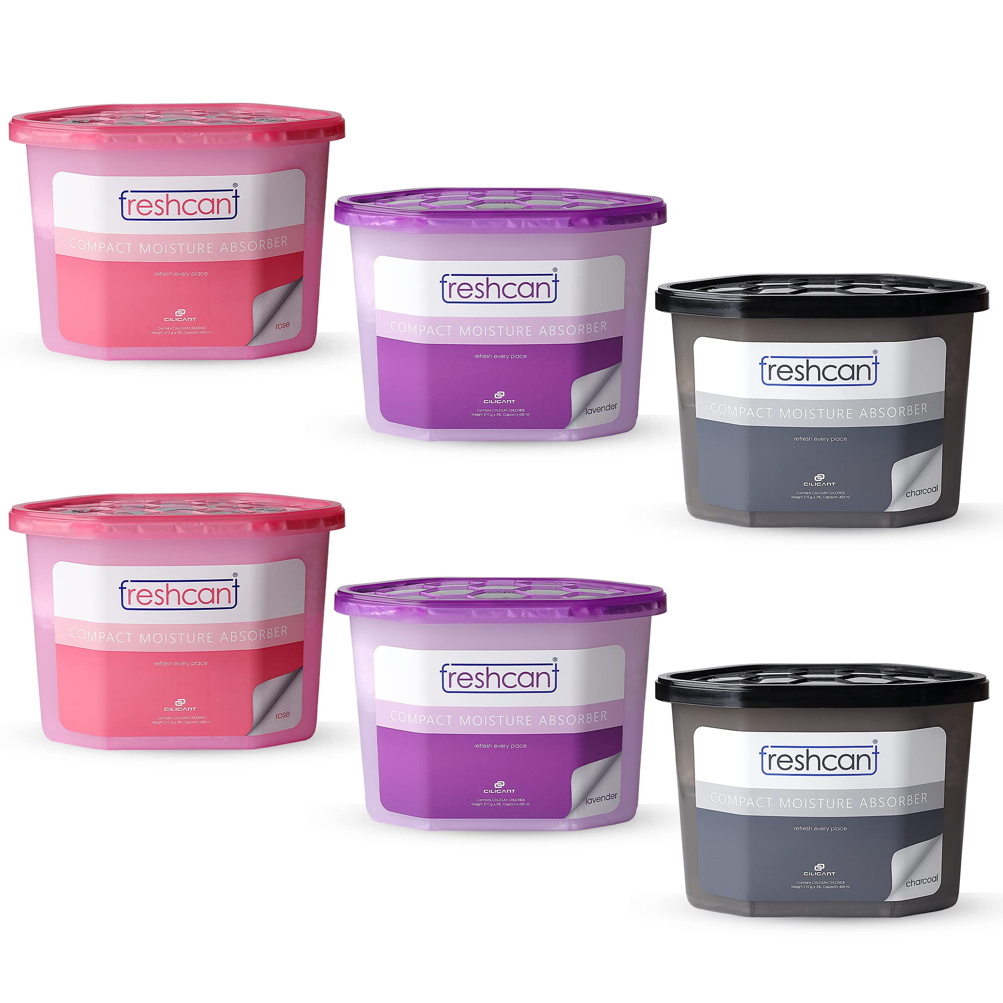 freshcant Compact Moisture Absorber Dehumidifier By CILICAnT - Refresh Every Place - (Fragrance Available in Lavender, Rose & Charcoal) Pack of 6 (2 * 3))