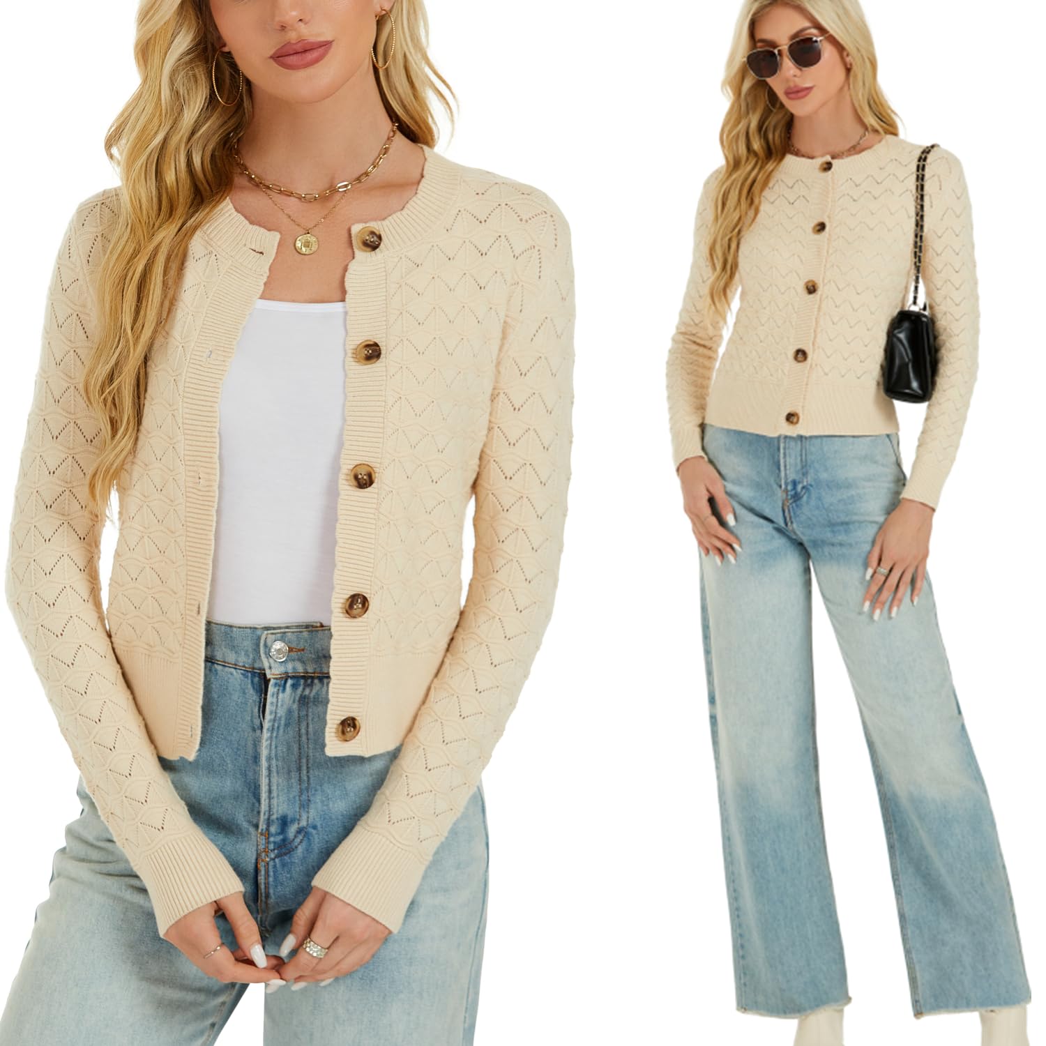 Boléro Femme Cardigan Court Gilet Veste Tricot Bouton Manches Longues Évidée Robe T Shirt Bretelle Chic Rétro Elégante Soirée Fête Décontracté