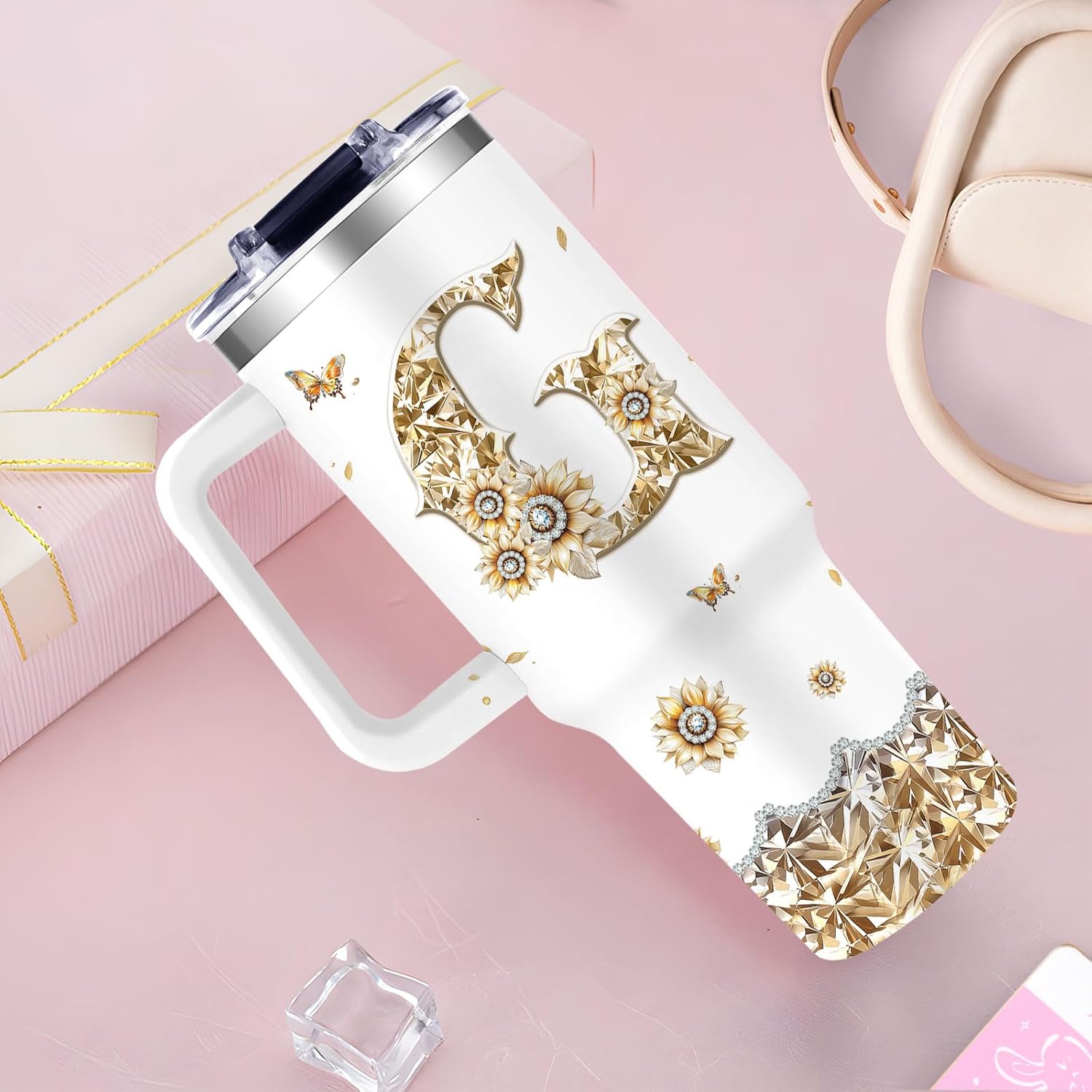 Monogrammed 40oz Tumbler with Handle for Women, Personalized Birthday Gifts,Initial Cups for Women Sunflower Letter G,Customized Gifts for Female Lady Gift for Mothers Day Christmas