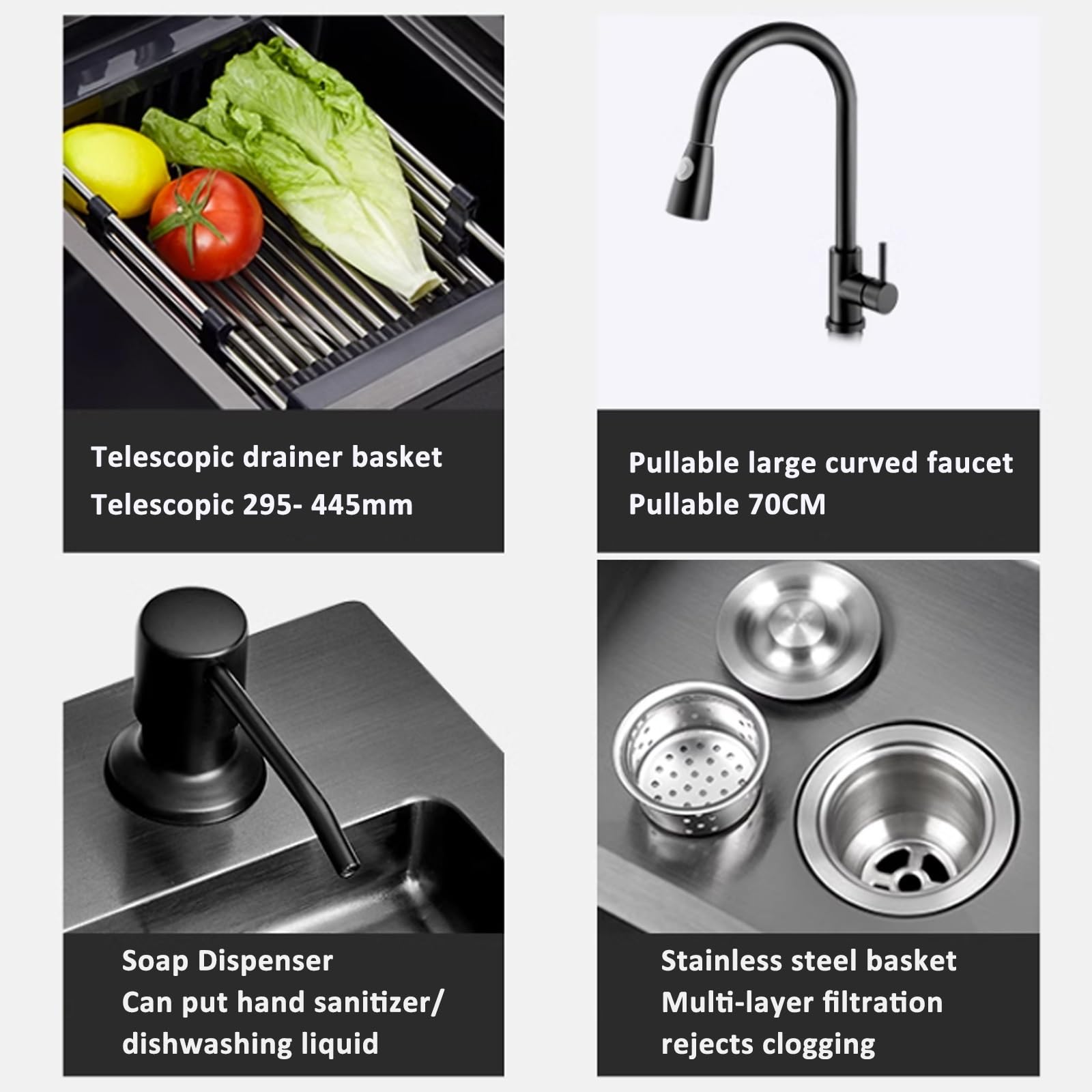 Fregadero De Acero Inoxidable Negro Fregadero De Cocina Fregadero Grande De Dos Senos Grifo Extraíble Negro Accesorios Completos, 82x45x22cm