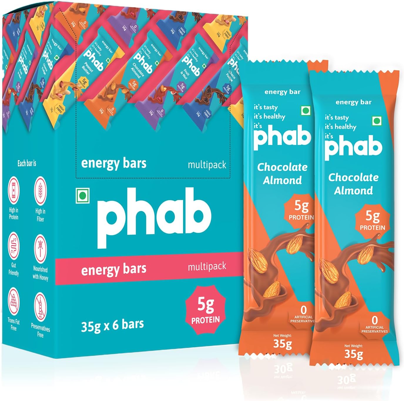 Phab Chocolate Almond 5g Protein Bar| Energy & nutrition | High Fibre & Gut-friendly | Sweetened with Honey,Trans Fat Free & No Preservatives | Loaded With 21% Nuts | Healthy & Tasty (Pack of 6 x 35g)