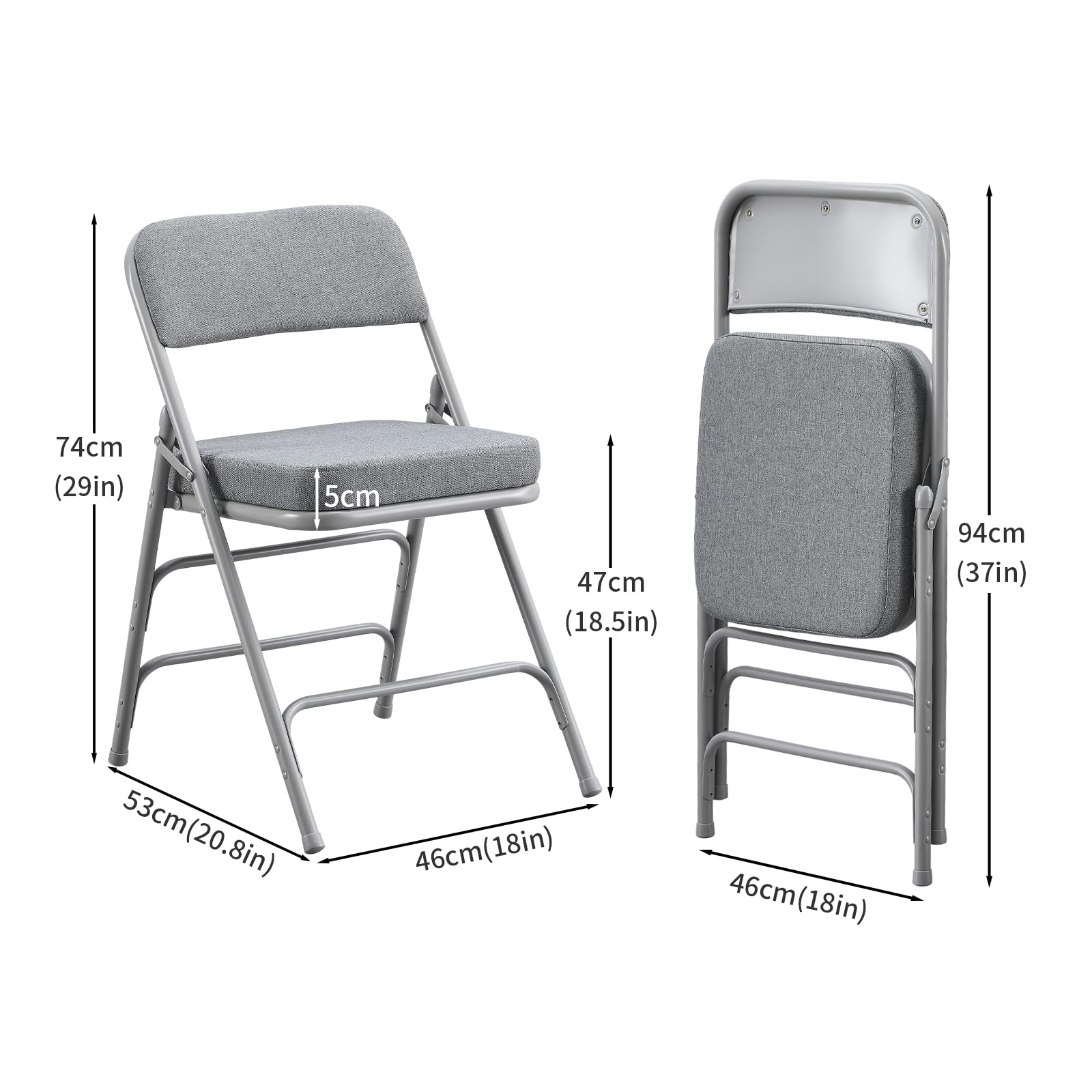 BOOSDEN Chaise pliante rembourrée avec coussin épais fabuleux, chaise pliante en métal robuste pour extérieur, intérieur, salle à manger et fête, gris