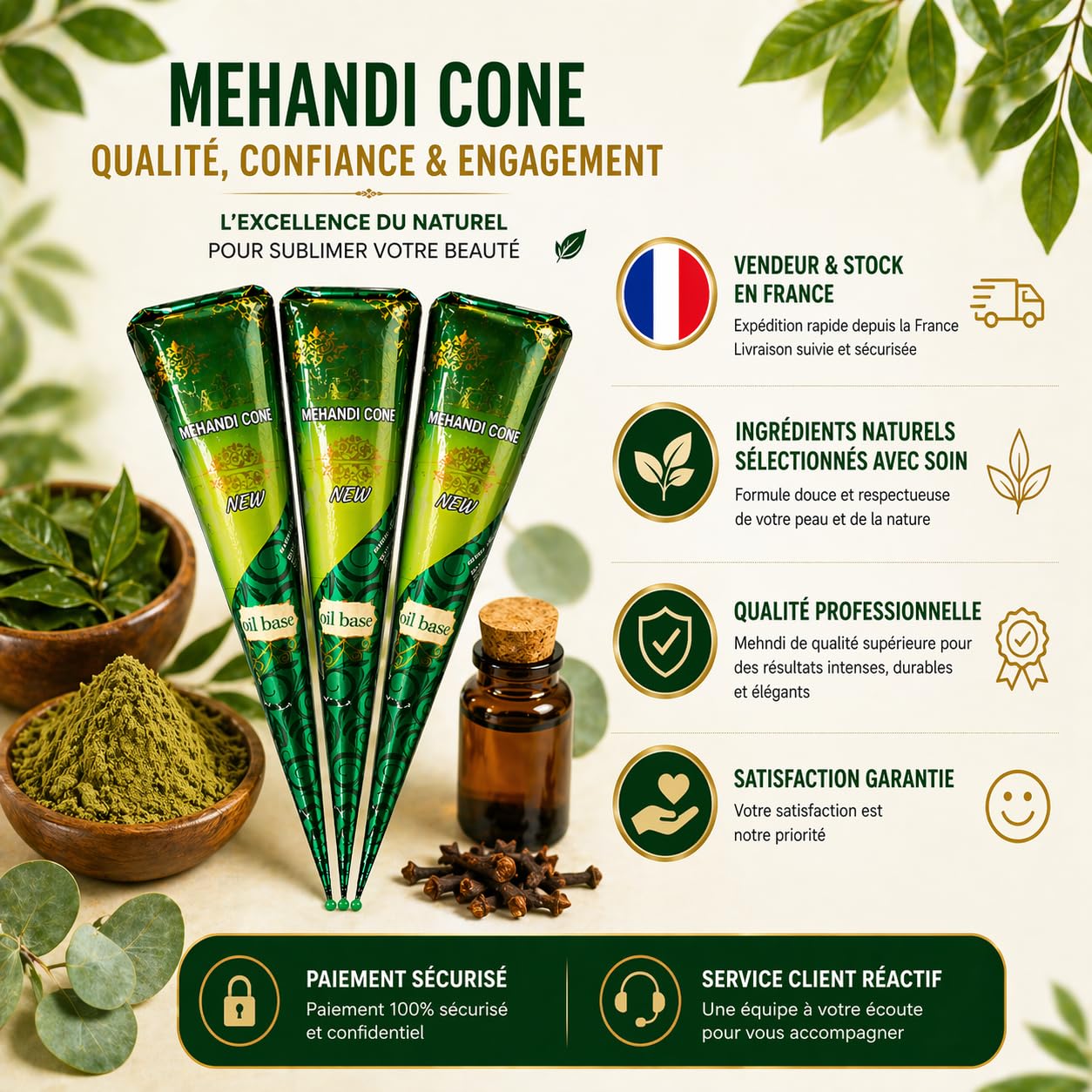 Lot de Cone de henné par 3 - Couleur naturelle coloration semi permanente henna pret a l'emploi Neha