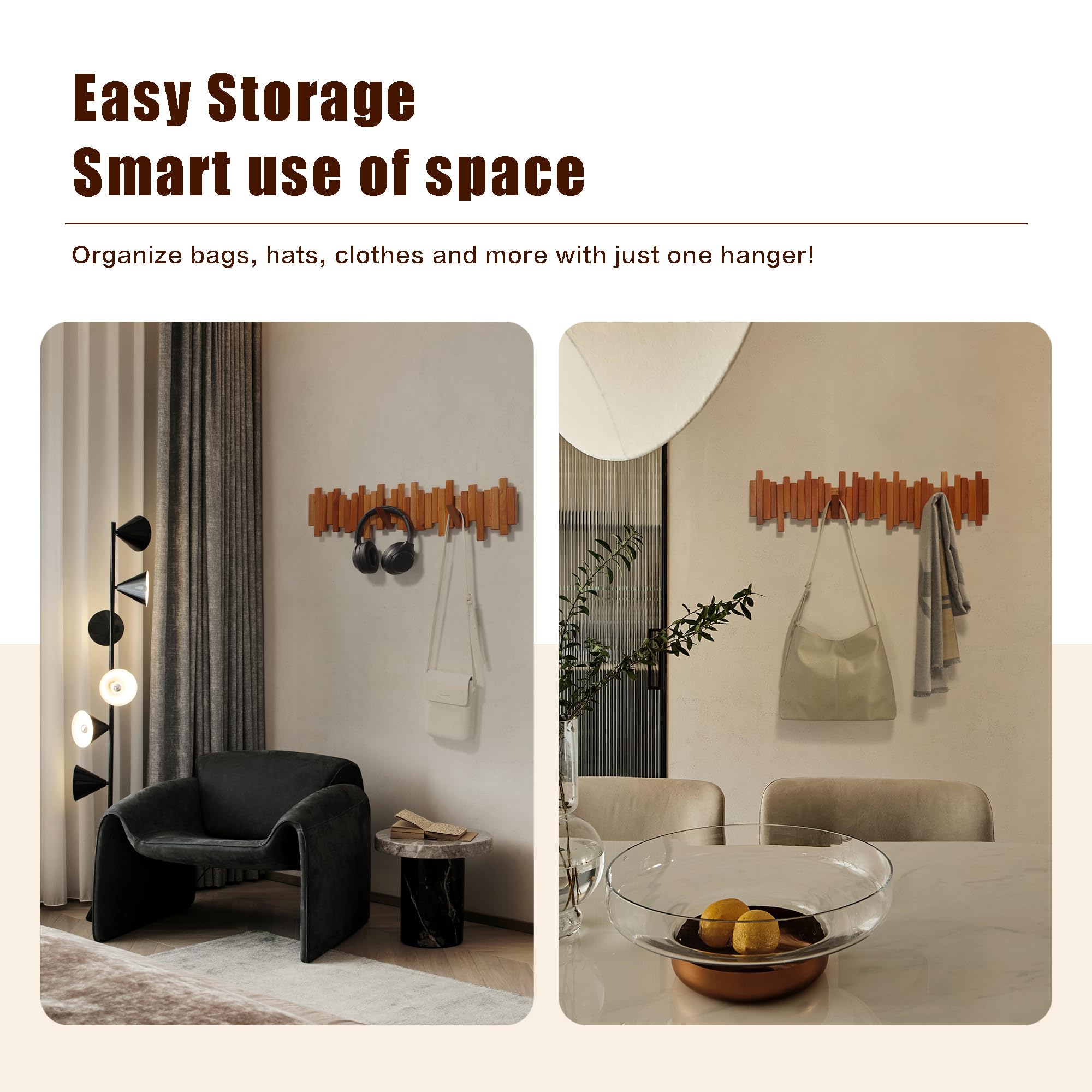 Acsigesn Wooden Coat Rack Wall Mounted Sticks Multi Rack Solid Handmade Natural Cherry Wood Artwork with 5 Flip-Down Unique Modern Hooks for Coats Bag Hat Umbrella