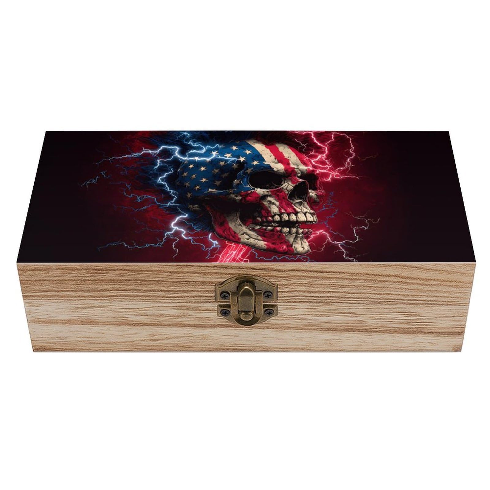 Skull Flag Wooden Box with Hinged Lid Decorative Storage Case Container