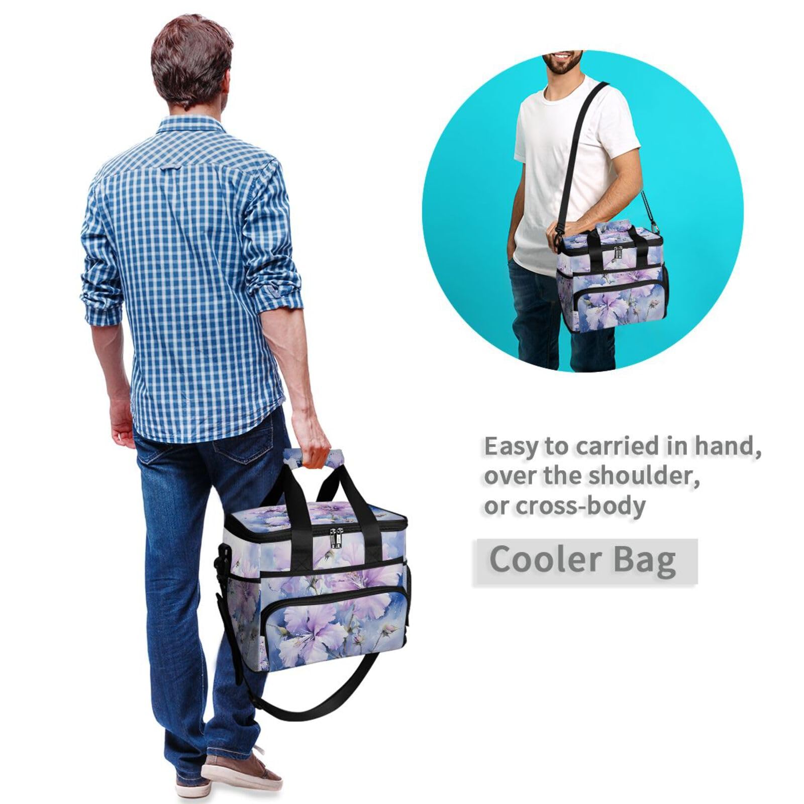 Bolsa térmica grande con estampado de flores moradas con diseño de teñido anudado, bolsa térmica impermeable de 15 litros, 24 latas, para adultos, hombres y mujeres
