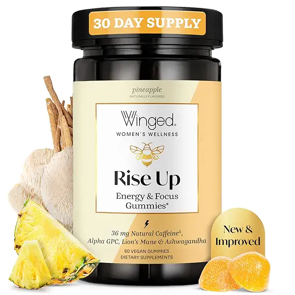Winged Wellness Rise Up, Energy & Focus Gummies for Women - Daily Brain Boost Gummy Supplement with Natural Caffeine, Ashwagandha, B12, Nootropics Alpha-GPC & Lion’s Mane - Pineapple, 60 Gummies 1