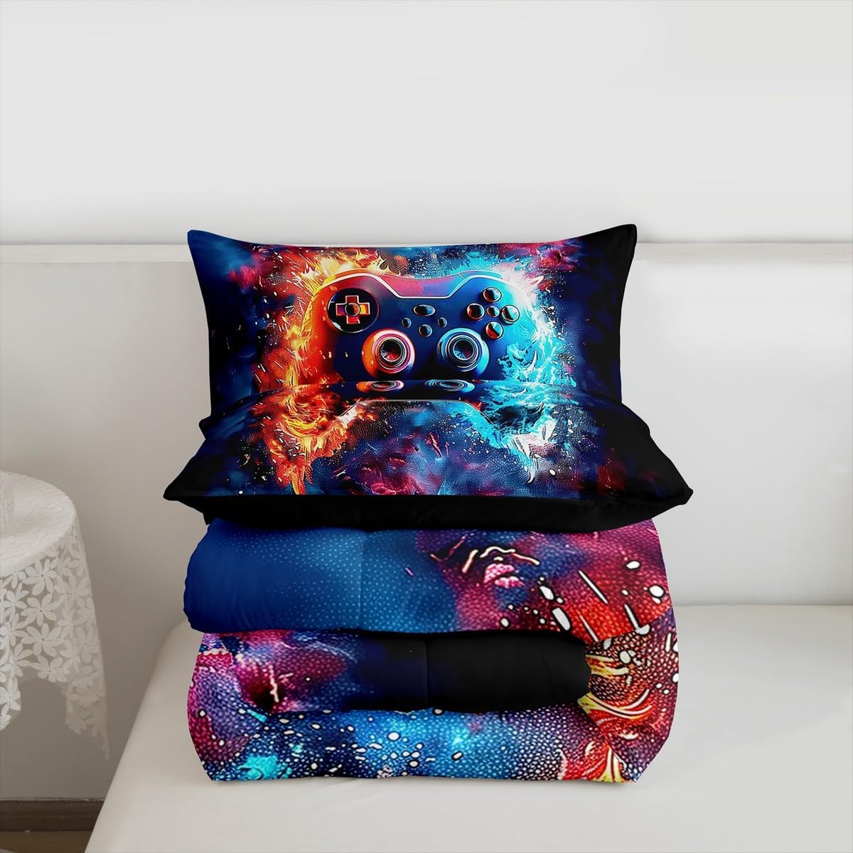 Erosebridal Game Console Queen Comforter Set Water and Fire Lightning Bedding for Boys Teen Blue Gamepad Bedding Comforter Sets Girls Kids Cool Video Game Duvet Insert Geometric Stripes Quilt