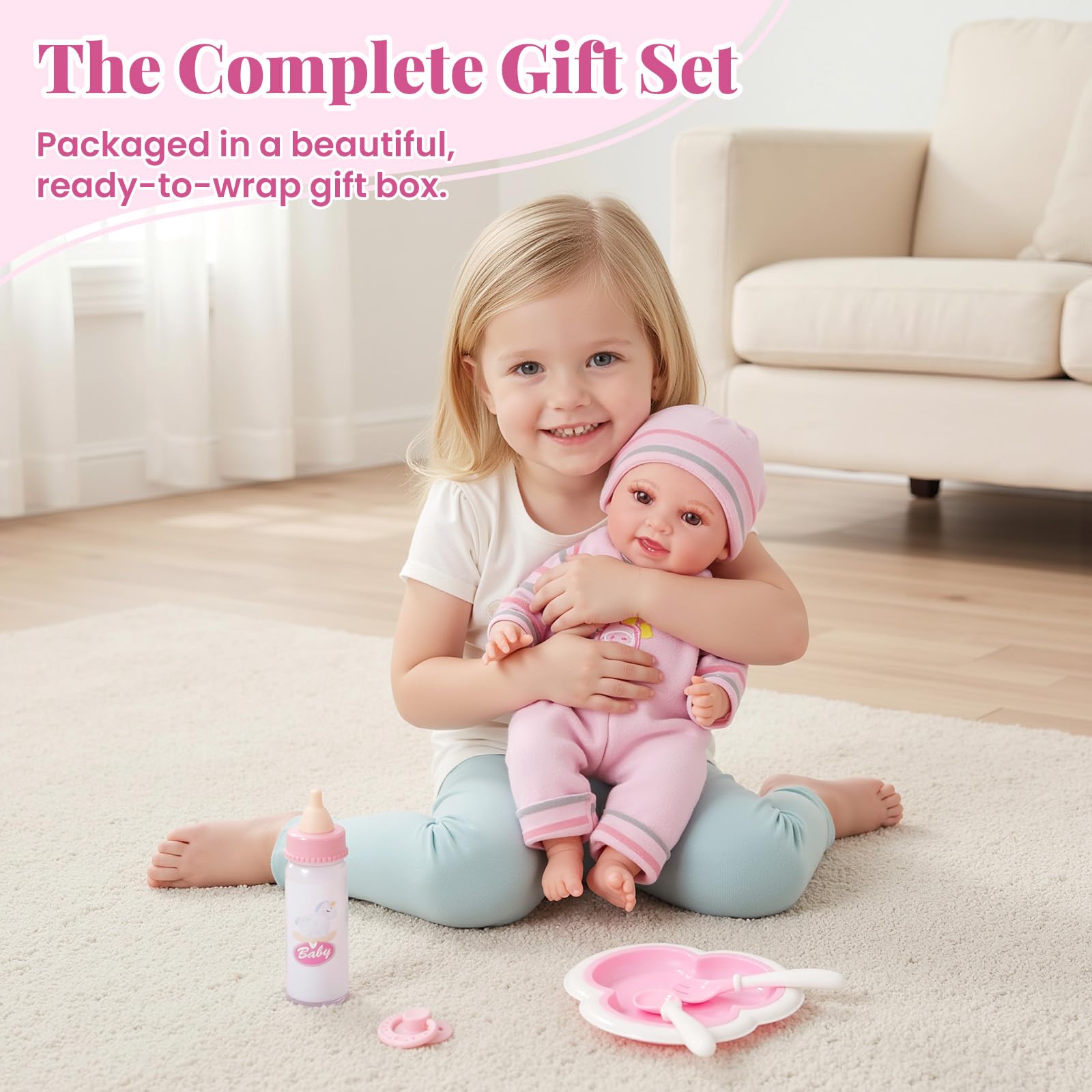 BABESIDE Baby Doll Set, 12 Inches Realistic Dolls for Girls with Accessories 1 Clothes, Feeding Playset - Image 3