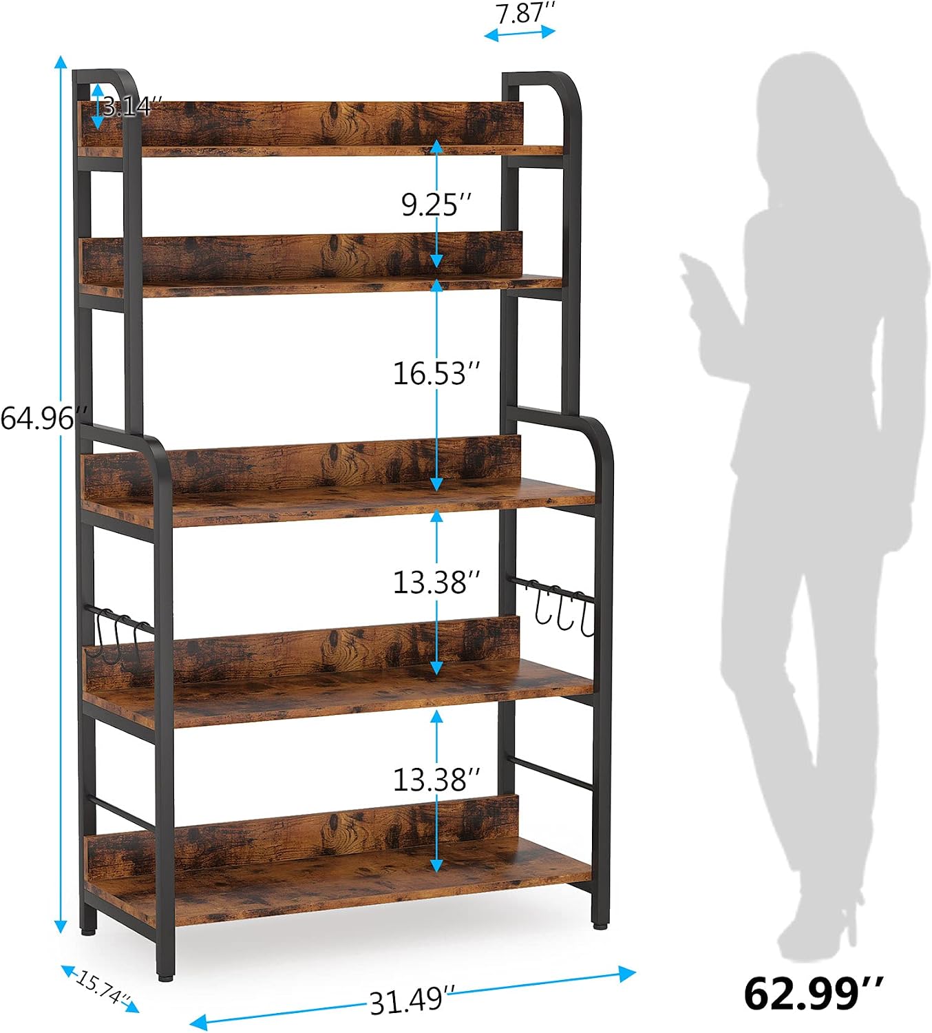 Tribesigns Industrial Kitchen Baker’s Rack with 6 Hooks, 5-Tier Utility Cart Storage Shelf, Microwave Oven Stand Rack, Floor Standing Spice Rack Organizer Workstation, Brown