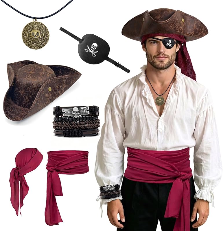Set de Disfraces de Accesorios Piratas de 6 Piezas para Adultos, Sombrero Tricornio Realista | con pañuelo rojo, faja en la cintura, parche en el ojo, pulseras y collar con calavera, traje de fiesta de capitán bucanero para hombre