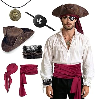 Set de Disfraces de Accesorios Piratas de 6 Piezas para Adultos, Sombrero Tricornio Realista | con pañuelo rojo, faja en la cintura, parche en el ojo, pulseras y collar con calavera, traje de fiesta de capitán bucanero para hombre