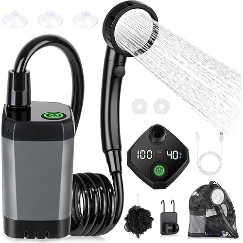 Portable Shower for Camping, [Long-Lasting] Spopal 6000mAh Rechargeable Camping Shower with Intelligent LED Display, 4 Spray Modes, IPX7 Waterproof Outdoor Camp Pump for Hiking, Travel, Car, Pet